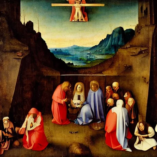 Prompt: renaissance painting of adoration of Magi Da Vinci, by Hieronymus Bosch