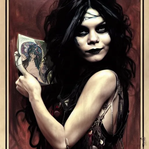 Image similar to beautiful portrait of vanessa hudgens as death from sandman, smiling, by cedric peyravernay, alphonse mucha, by jeremy mann, by lecouffe deharme, goth chic, soft lightning, eyeliner, punk rock, high detailed, 8 k