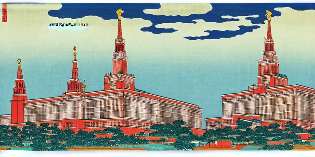 Image similar to moscow state university main building by katsushika hokusai