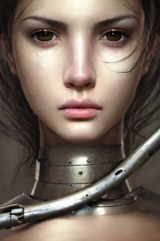 Prompt: a photorealistic painted portrait of an attractive young girl, partially clothed in dull metal-plated battle armor, olive skin, long dark hair, beautiful bone structure, symmetric facial features, photorealistic eyes, natural physique, intricate, elegant, digital painting, concept art, finely detailed, beautifully illustrated, sharp focus, minimal artifacts, from Metal Gear, by Ruan Jia and Mandy Jurgens and Artgerm and William-Adolphe Bouguerea, in the style of Greg Rutkowski, trending on Artstation, award winning