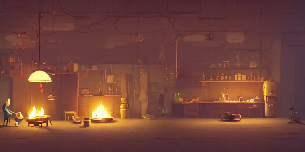 Image similar to epic illustration of a wooden kitchen dim lit by 1 candle doubly so by Goro Fujita and Simon Stalenhag , day of the tentacle background, 8k, trending on artstation, hyper detailed, cinematic