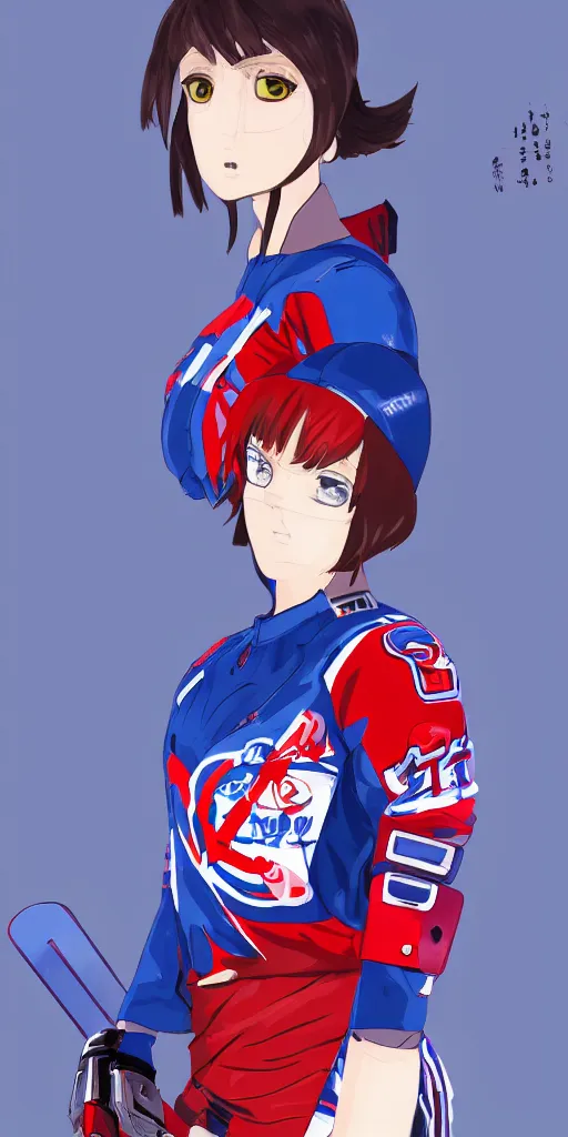 Image similar to female akira anime cyberpunk super star ice hockey player, wearing a light futuristic habs jersey, blue white and red color blocking, character concept exploration, outfit designs, trending on artstation, photorealistic, 8k