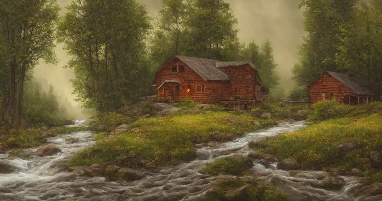 Prompt: a river running past a cozy cabin in mountain side, heavy rain, classic painting, award winning, highly detailed