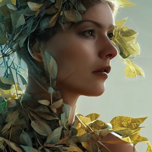 Image similar to a highly detailed digital image of a futuristic woman elegantly wrapped with leaves, by Andrea Chiampo, artstation, extremely detailed woman, stunning volumetric lighting, hyper realism, fantasy 4k