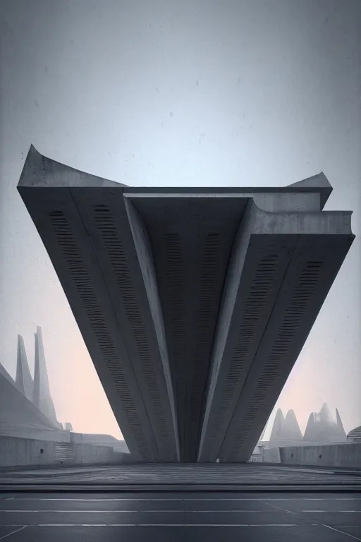 Image similar to sci - fi concrete brutalist architecture, rutkowski, zaha hadid, beksinski, oil painting, photoreal, highly detailed, 8 k, hd, vray, artstation, cinematic matte painting, soft pastl sunset, extreme detail photo quality, dark moody colors, featured on behance