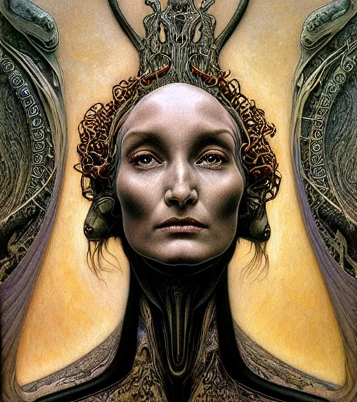 Image similar to detailed realistic beautiful young alien robot jessica lange as queen of mars face portrait by jean delville, gustave dore and marco mazzoni, art nouveau, symbolist, visionary, gothic, pre - raphaelite. horizontal symmetry by zdzisław beksinski, iris van herpen, raymond swanland and alphonse mucha. highly detailed, hyper - real, beautiful