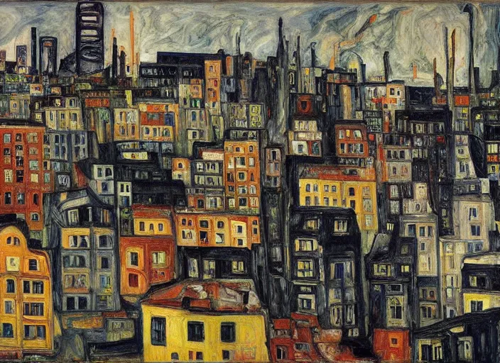 Prompt: a San-Francisco cityscape, houses, trees and hell in style of Chaim Soutine, Egon Schiele city drawings and Frank Auerbach and Bosch