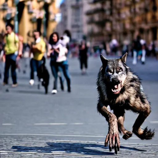 Image similar to a werewolf running in the Callao Square in Madrid.