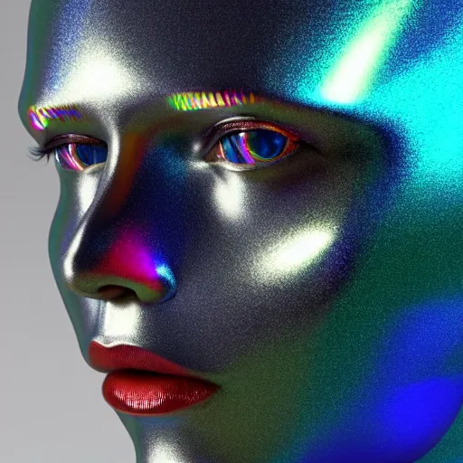 Image similar to 3d render of holographic human robotic head made of glossy iridescent, surrealistic 3d illustration of a human face non-binary, non binary model, 3d model human, cryengine, made of holographic texture, holographic material, holographic rainbow, concept of cyborg and artificial intelligence