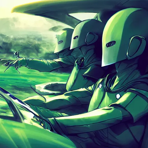 Image similar to blue knight in a green hatchback car, close up, anime, desert landscape, greg manchess, akehiko inoue and ross tran, Pyromallis Nekro Rene Margitte, Murata, one punch man manga, fight dragon