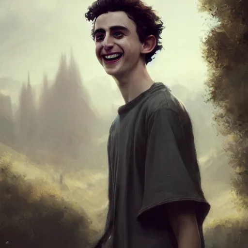 Image similar to Timothée Chalamet laughing, sharp focus, fantasy style, octane render, volumetric lighting, 8k high definition, by greg rutkowski, highly detailed, trending on art Station