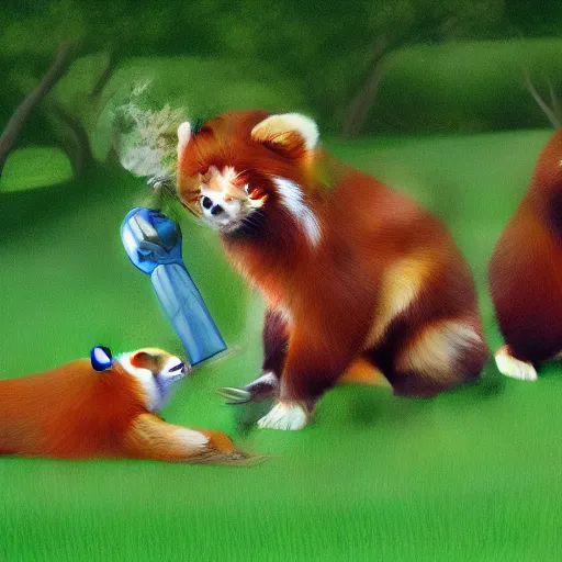 Prompt: very cute friendly happy high energy red pandas at a garden party playing croquet, artwork by mark brooks, digital art, 8K, 4K