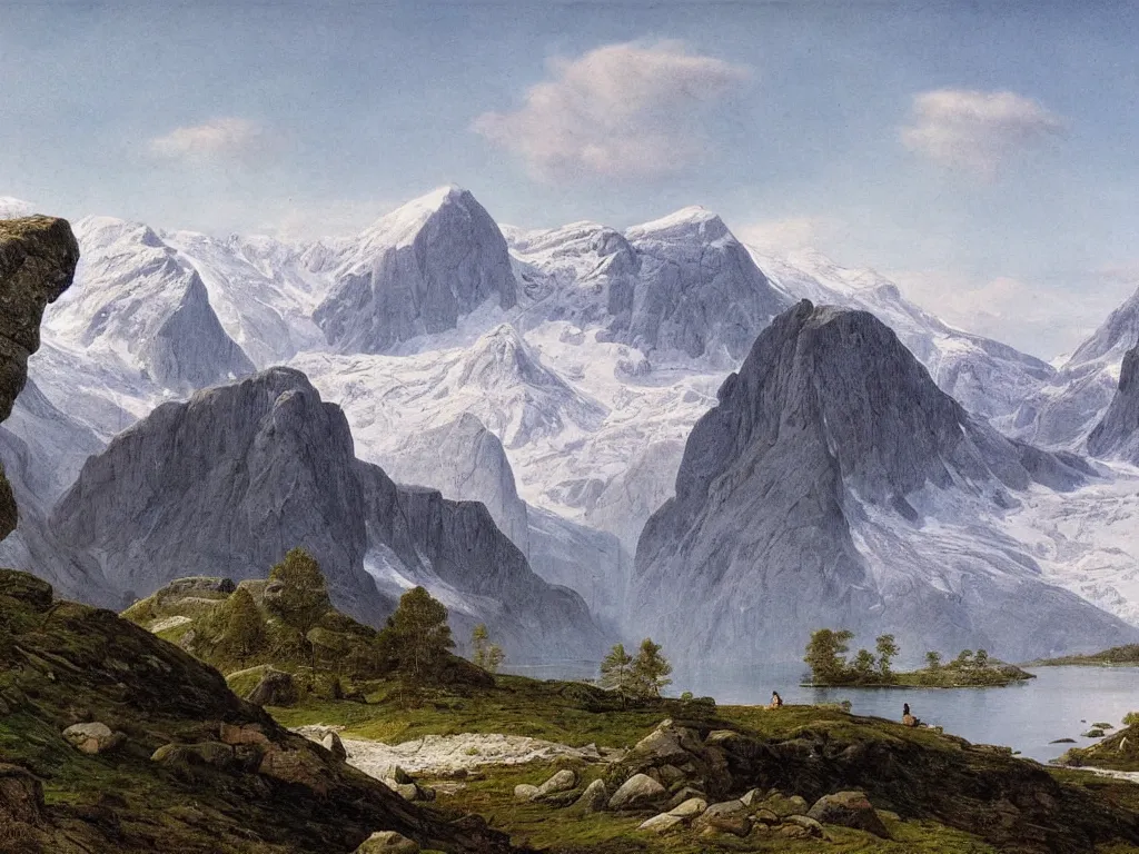 Image similar to a detailed painting of a majestic mountainous landscape in norway in spring by caspar david friedrich, high detail, snow capped mountains reflecting on a lake,