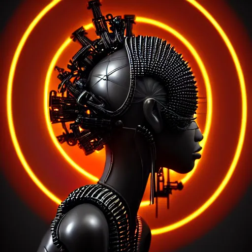 Prompt: portrait of an absurdly beautiful, graceful, sophisticated, fashionable black cyberpunk mechanoid gravure idol, hyperdetailed illustration by irakli nadar, maria borges, matt wisniewski style, intricate linework, dark black skin, neon jellyfish headdress, ivory carved ruff, unreal engine 5 highly rendered, global illumination, radiant light, detailed and intricate environment