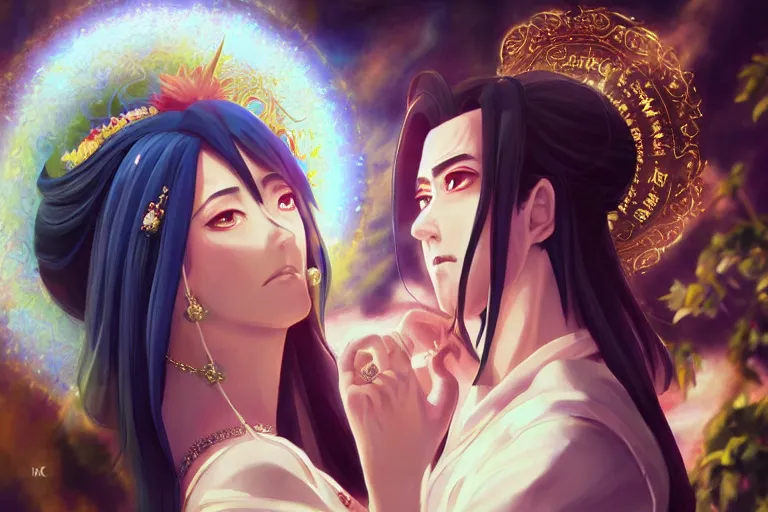 Image similar to a cinematic portrait of wedding photograph jpeg close up moment of a divine a japan sun god and moon goddess lovers magician at a wedding banquet. portraiture. digital painting. artstation. concept art. wedding photo. digital painting. naruto the movie art masterpiece by art by krenz cushart