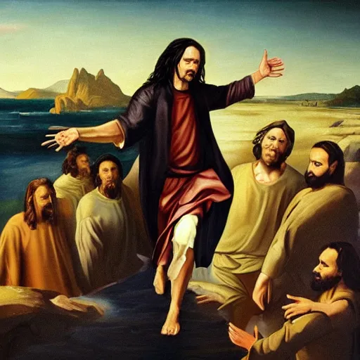 Image similar to tommy wiseau walking on water with jesus, biblical, oil painting, sunny, beautiful