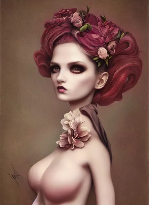 Prompt: pop surrealism, lowbrow art, realistic beautiful seductive girl painting, flowing gown, hyper realism, muted colours, rococo, natalie shau, loreta lux, tom bagshaw, mark ryden, trevor brown style,