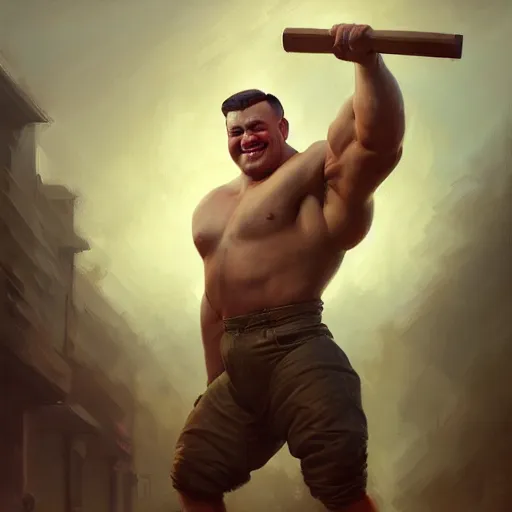 Prompt: portrait painting of a young strongman of 2 5, bright and energetic, with a sweet smile and big muscles, render cinematic lighting art 1 9 2 0 period drama by bussiere rutkowski andreas rocha