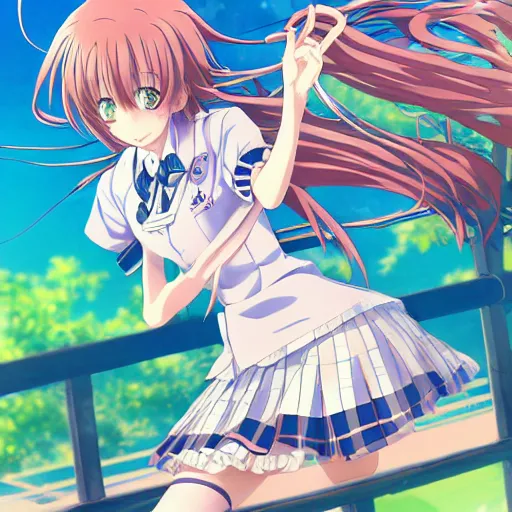 Prompt: Anime key visual of a school girl; typography; official artwork; cute; summer; upbeat; drawn by drawn by Yoshitaka Amano