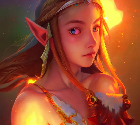 Image similar to beautiful zelda, fire in eye, snow glow, pool party, highly detailed, digital painting, artstation, sharp focus, illustration, art by tan zi and ayanamikodon and alphonse mucha and wlop