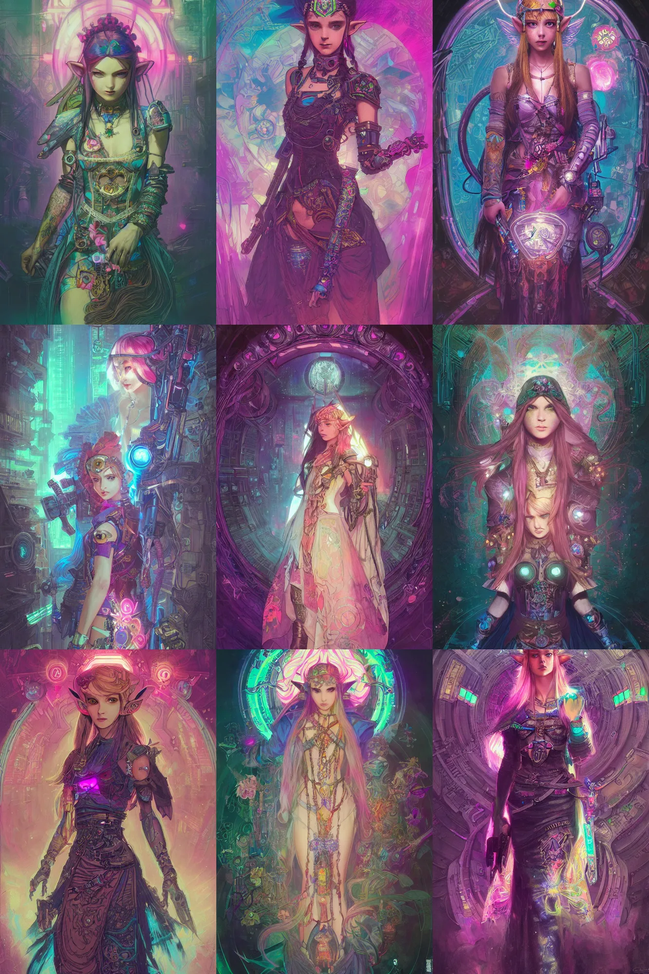 Prompt: Cyberpunk Princess Zelda, magical, flower, bright neon highlights, detailed intricate ink illustration, dark atmosphere, detailed illustration, hd, 4k, digital art, overdetailed art, concept art, by greg rutkowski, by Alfons Mucha, complementing colors, Trending on artstation, deviantart