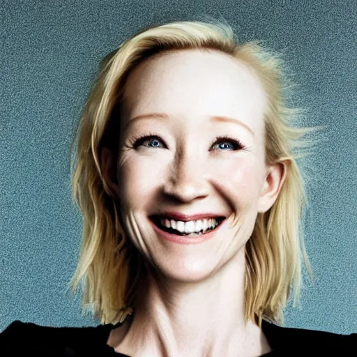 Prompt: portrait of anne heche after her car crash, smiling laughing, burn scars, flaming car, 8 k perfect face, photorealistic.