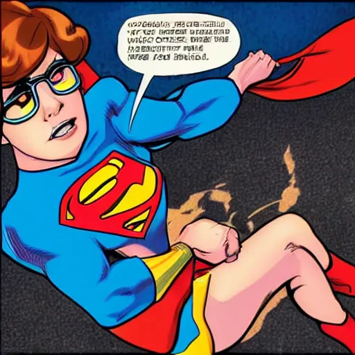 Image similar to Velma from Scooby-doo knocks out Superman, comic book, high action, concept art