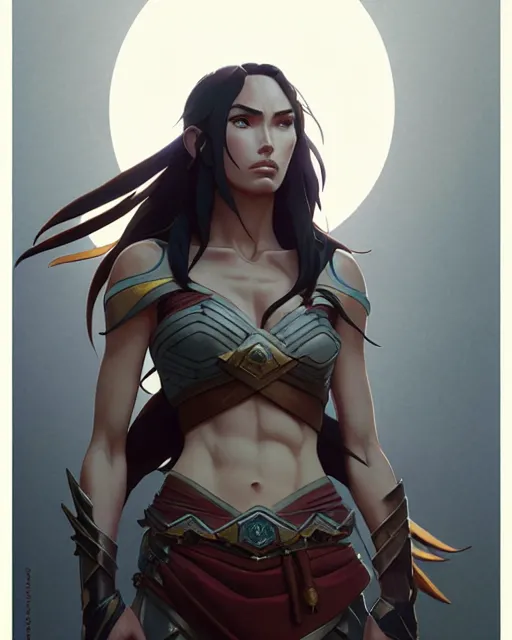 Image similar to azctec warrior, megan fox, detailed perfect face, exquisite details, fire magic, mid view, design on a white background, by studio muti, greg rutkowski makoto shinkai takashi takeuchi studio ghibli