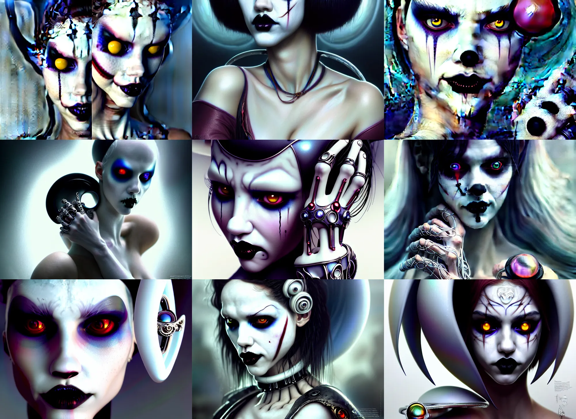 Prompt: ultra realistic, beautiful white porcelain clowncore goth emo ( saturns rings ) angel jessica alba cyborg woman, sci - fi, fantasy, cyberpunk, intricate, elegant, highly detailed, digital painting, octane render, artstation, concept art, smooth, sharp focus, illustration, art by artgerm and greg rutkowski and alphonse mucha and giger