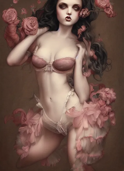 Prompt: pop surrealism, lowbrow art, realistic cute lingerie girl painting, frills and lace lingerie, hyper realism, muted colours, rococo, natalie shau, tom bagshaw, trevor brown style,