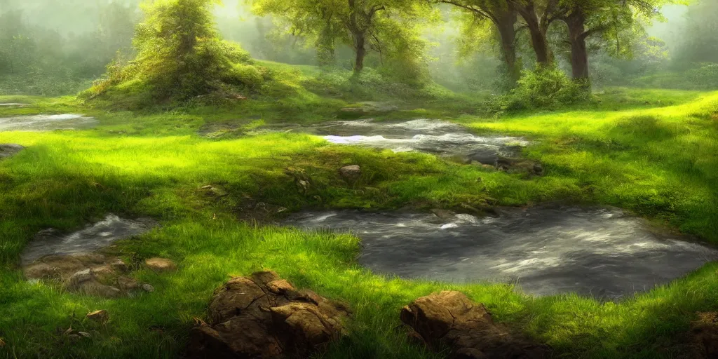 Image similar to a babbling brook on a green field, matte painting, concept art, 4k