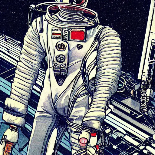 Image similar to cyberpunk japanese man with long limbs and a black spacesuit on a spacewalk, techwear, Industrial Scifi, detailed illustration, character portrait, by Martin Grip and Moebius