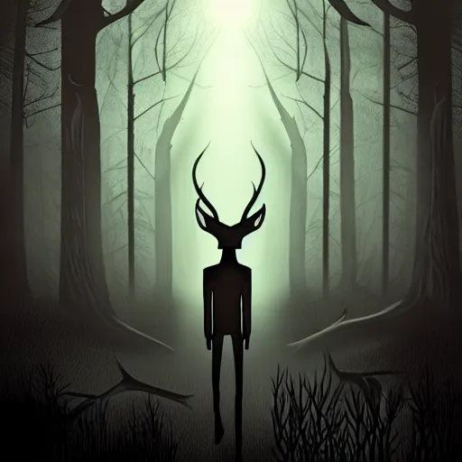 Prompt: Emma Rios comic, Wendigo monster with deer skull face, antlers, furry brown body, tall and lanky skinny, walking through the forest, very dark night time, deep black, ominous lighting, spooky, scary, foggy, fog