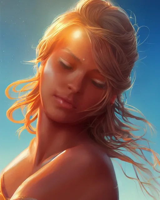 Prompt: summer vibes, beautiful sun tanned goddess portrait, flowy sunkissed hair, sun, summer, cinematic lighting, highly detailed, digital painting, trending on artstation, pixiv, concept art, sharp focus, illustration, art by ross tran and wlop