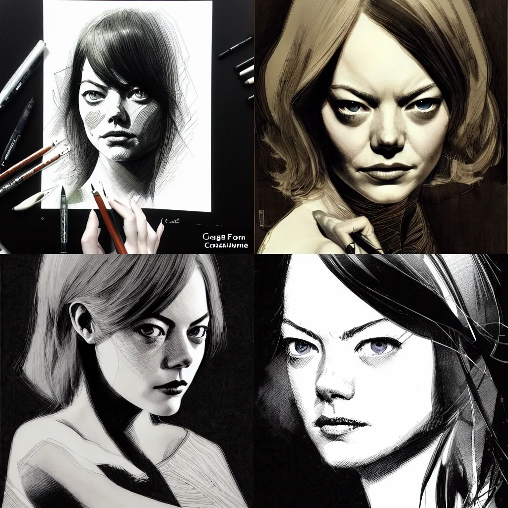 Prompt: portrait of emma stone, pen and ink, intricate line drawings, by Craig Mullins, by jae lee, by franklin booth, trending on artstation, phil noto comic, artgerm, hyper detailed, messy lines, cinematic