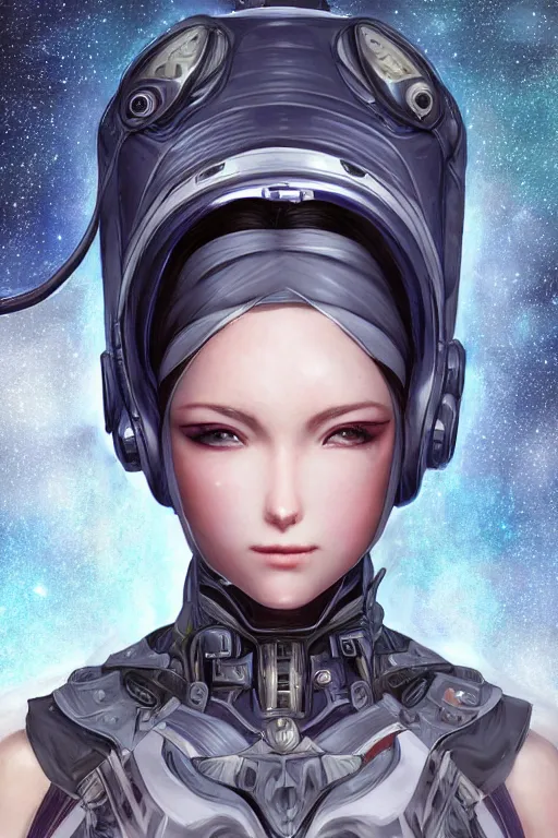 Image similar to female space warrior head wrapped in silk, 3d, sci-fi fantasy, intricate, elegant, highly detailed, lifelike, photorealistic, digital painting, artstation, illustration, concept art, sharp focus, art in the style of Shigenori Soejima