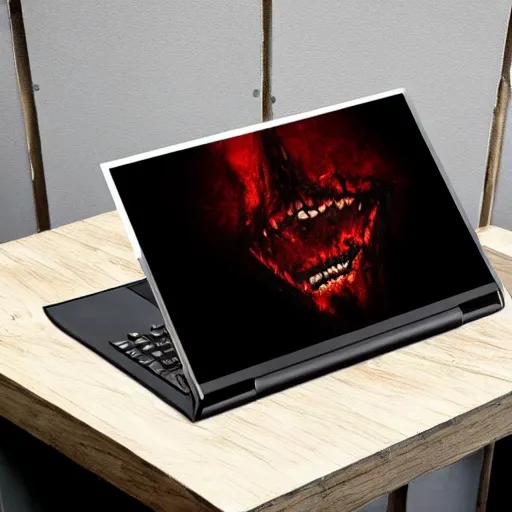 Prompt: a dark souls mimic disguised as a laptop