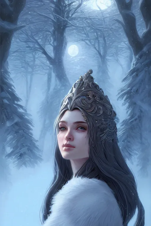 Image similar to goddess of the winter twilight, highly detailed, digital painting, artstation, concept art, smooth, sharp focus, illustration, unreal engine 5, 8 k, art by artgerm and greg rutkowski laura sava and edgar maxence