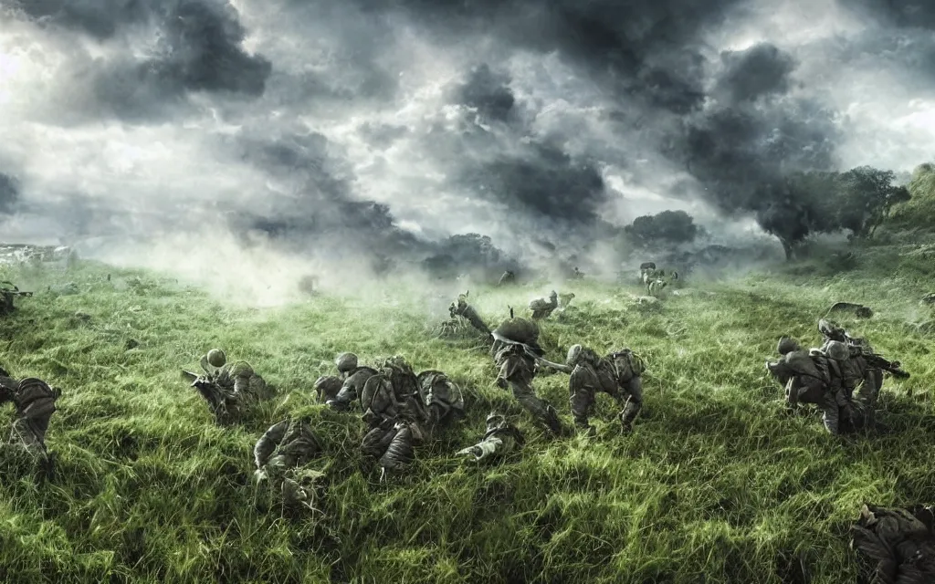 Image similar to fight ww 1, deep trenches with fortifications, natural landscape, green and blue tones, soldiers fighting against aliens from resistance game, realistic people, ground explosion in the background, alien mothership in the sky, hyper realistic, highly detailed, dramatic lighting, raytarced, god rays, 4 k, 8 k, art by artgem