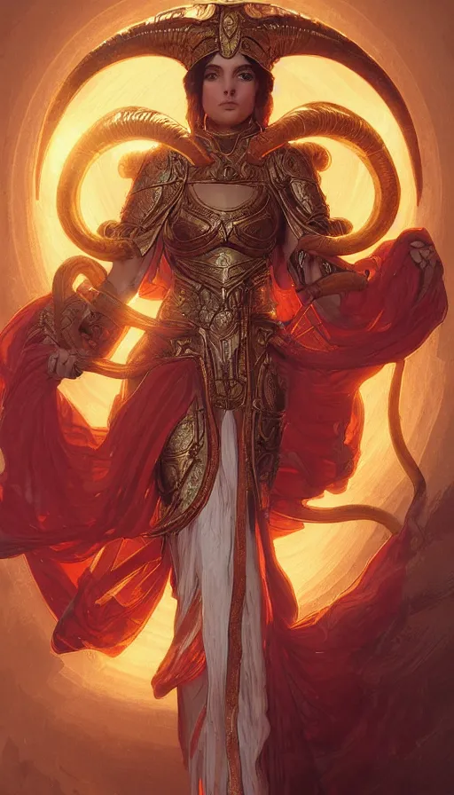 Prompt: aries fiery ram tarot, sad expression, holy light, intricate armor, elegant, highly detailed, digital painting, artstation, concept art, smooth, sharp, focus, illustration, art by artgerm and greg rutkowski and alphonse mucha