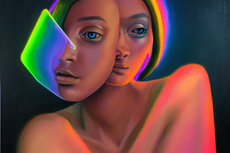 Image similar to patron saint of 🛸🌈👩🏾, futuristic clothing, neon god of city character portrait, in the style of margaret keane, moebius, tom bagshaw, and waterhouse, cinematic lighting, beautiful, elegant, oil painting,