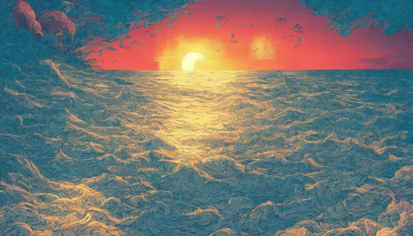 Image similar to sun setting over the beach, chinese ink brush, yukio - e, kilian eng, victo ngai, josan gonzalez