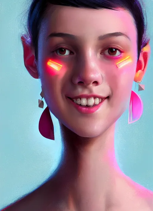 Image similar to portrait of teenage girl, narrow face, black hair, bangs, half updo hairstyle, pointy nose, skinny, smile, unattractive, defined jawline, big chin, pink hair bow, earrings, intricate, elegant, glowing lights, highly detailed, digital painting, artstation, sharp focus, illustration, art by wlop, mars ravelo and greg rutkowski