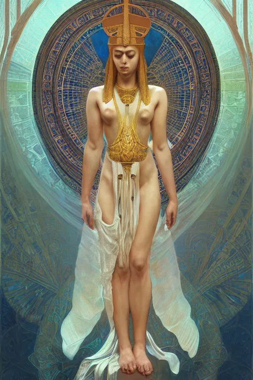 Prompt: a full body portrait of a beautiful ethereal delicate egyptian mage queen meditative sacral pose catholic stages of the cross, intricate, elegant, highly detailed, digital painting, artstation, concept art, smooth, sharp focus, illustration, art by krenz cushart and artem demura and alphonse mucha