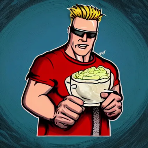 Image similar to Duke Nukem with a plate of mashed potatoes, red shirt, smug look, Duke Nukem art style