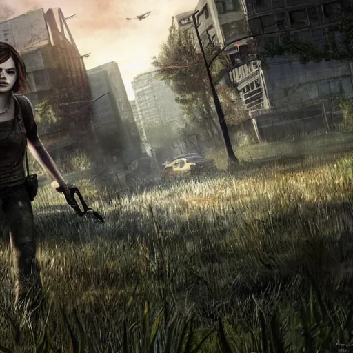 Image similar to emma stone in the last of us, apocalyptic background