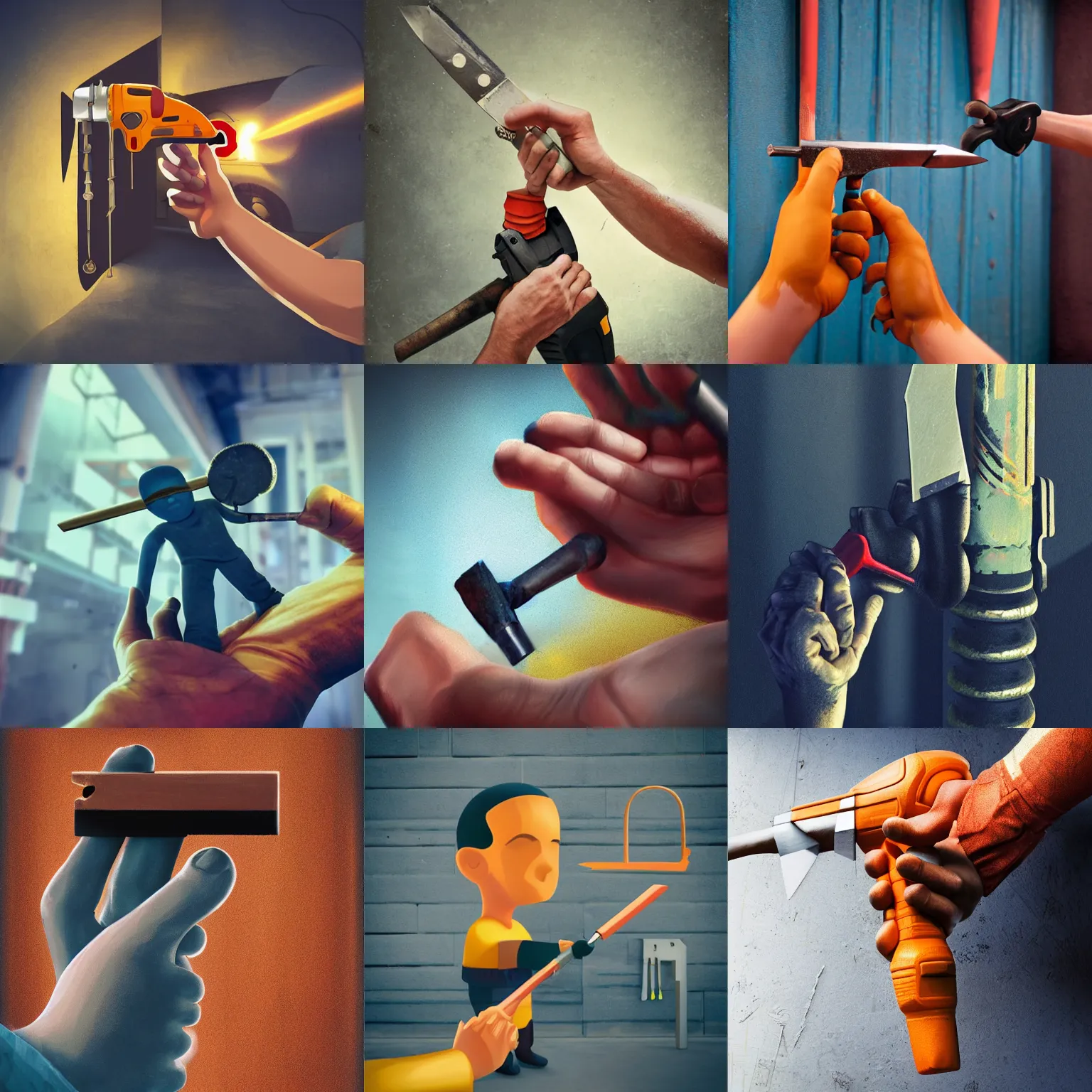 Prompt: a young man, kali, one hand holding a hammer, hand holding a spanner, hand holding a saw, hand holding a screwdriver, hand holding a knife, by beeple