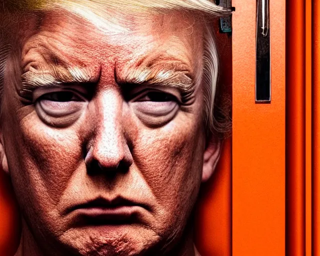 Image similar to closeup portrait of of angry donald trump wearing orange prison pajamas locked up in an prison jail cell, cinematic masterpiece, octane, dramatic lighting, very detailed