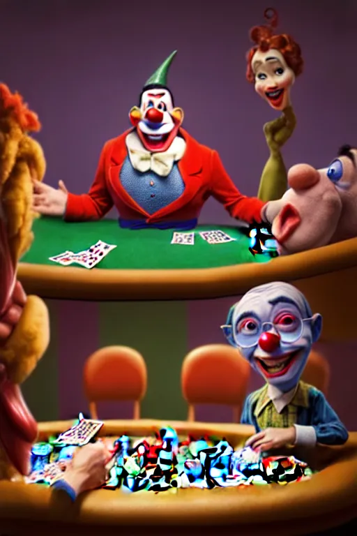 Prompt: pixar clown sitting at a poker table with serious people, clown is screaming, angry | glamorous oily soft polished rich ornate modern | weta disney pixar movie still photo | hi - fructose, sci fi fantasy, smooth, octane render, sharp focus, artstation, concept art | artgerm, mucha, rutkowski, feng zhu, wlop, loish