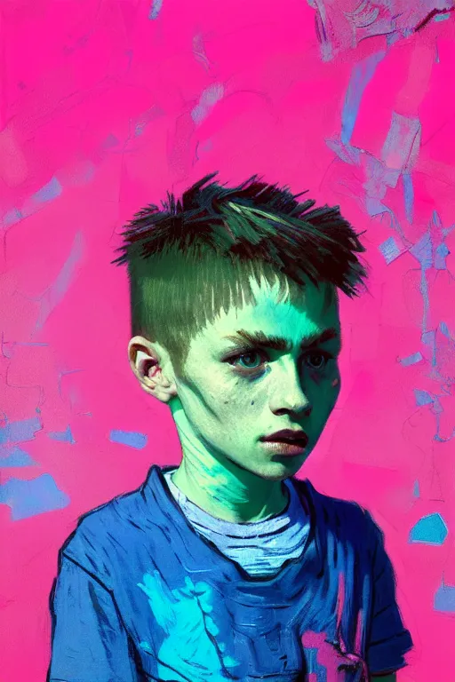 Image similar to portrait of a young boy nor living not death in a postapoliptic forgotten world, in the colors hot pink and cyan, beautiful face, rule of thirds, complex outfit, spotlight, by greg rutkowski, by jeremy mann, by francoise nielly, by van gogh, digital painting